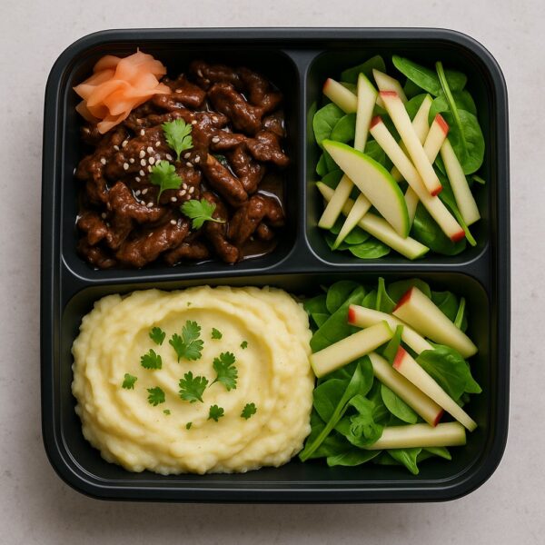 Beef stir fry with garlic mashed potatoes and apple& pear salad